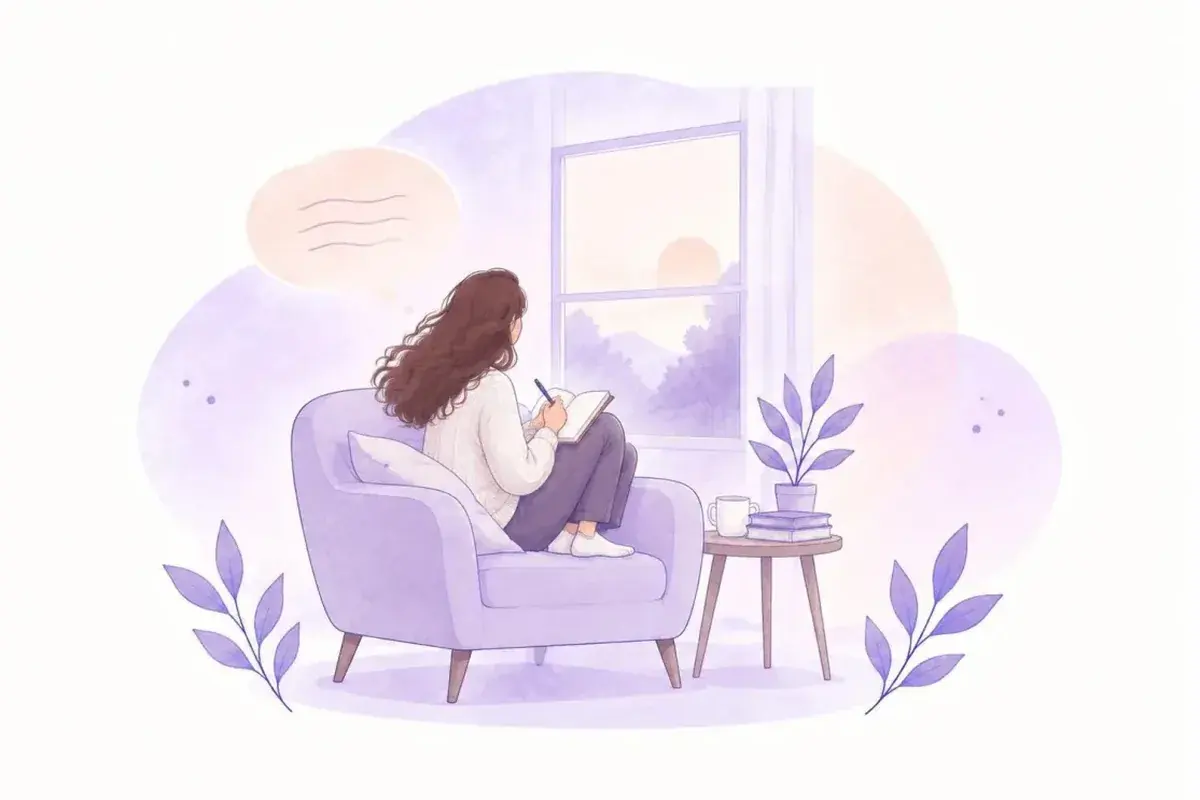 A person writing in a journal, curled up in an armchair by a window at sunset