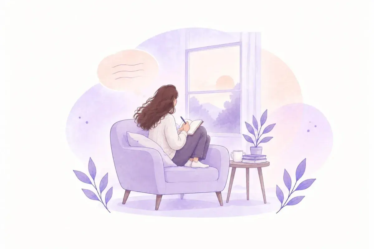 A person writing in a journal, curled up in an armchair by a window at sunset