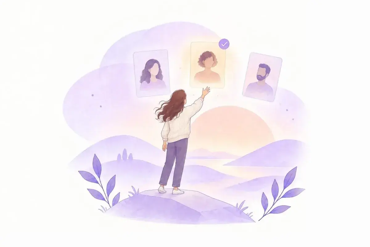 A person on a hilltop reaching for one of three floating practitioner cards