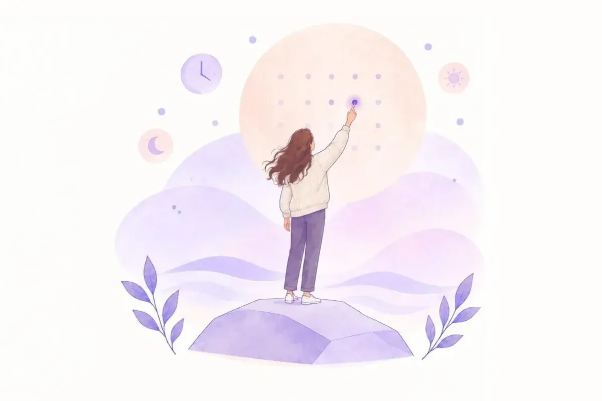 A person reaching up to touch a glowing date on a calendar drawn across the moon