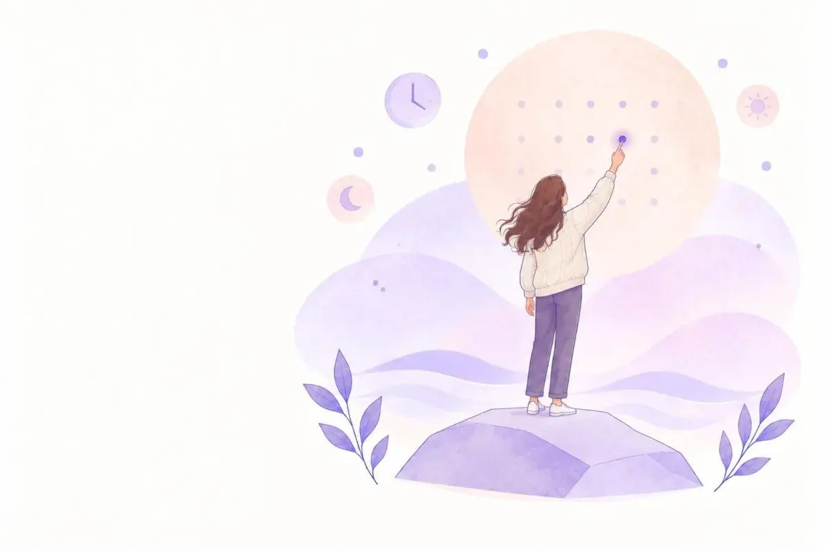 A person reaching up to touch a glowing date on a calendar drawn across the moon