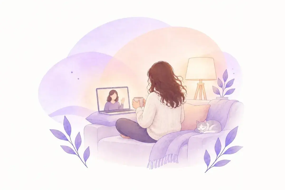 A person on a sofa with a mug of tea, on a cosy evening video call with a practitioner