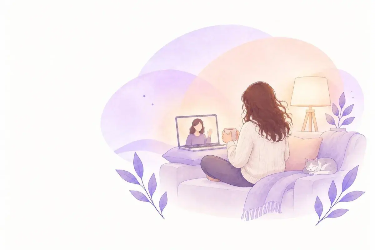 A person on a sofa with a mug of tea, on a cosy evening video call with a practitioner