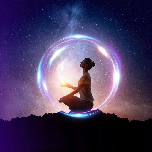 A woman meditating inside a glowing ring under a starry sky