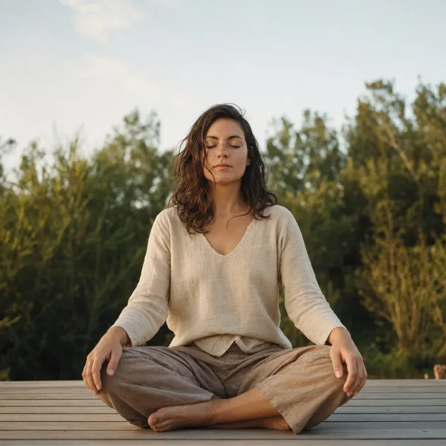 A woman sitting cross-legged with her eyes closed, meditating outdoors on a wooden deck