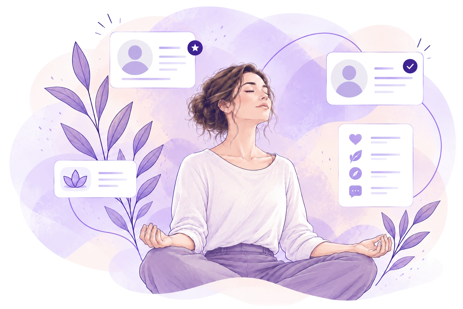 Illustration of a woman meditating with her eyes closed, surrounded by leaves and floating cards of vetted practitioner profiles