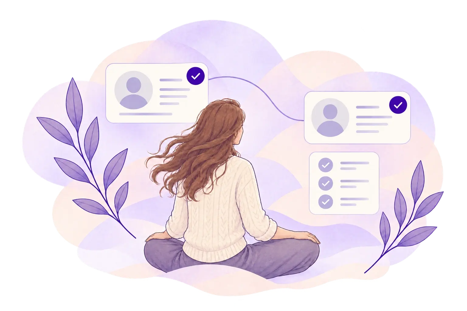Illustration of a woman meditating with her eyes closed, surrounded by leaves and floating cards of vetted practitioner profiles